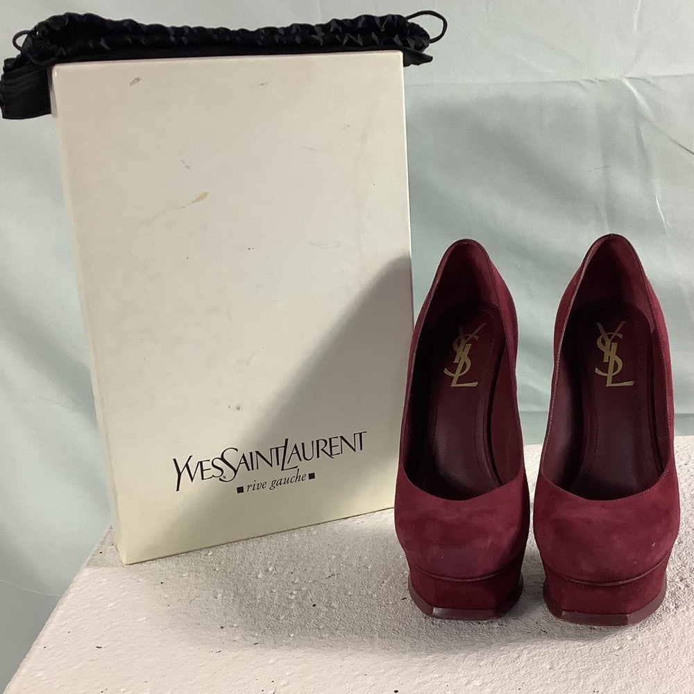 Yves Saint Laurent Tribute Platform Pumps Burgundy Suede Heels Size 37‎ YSL Box